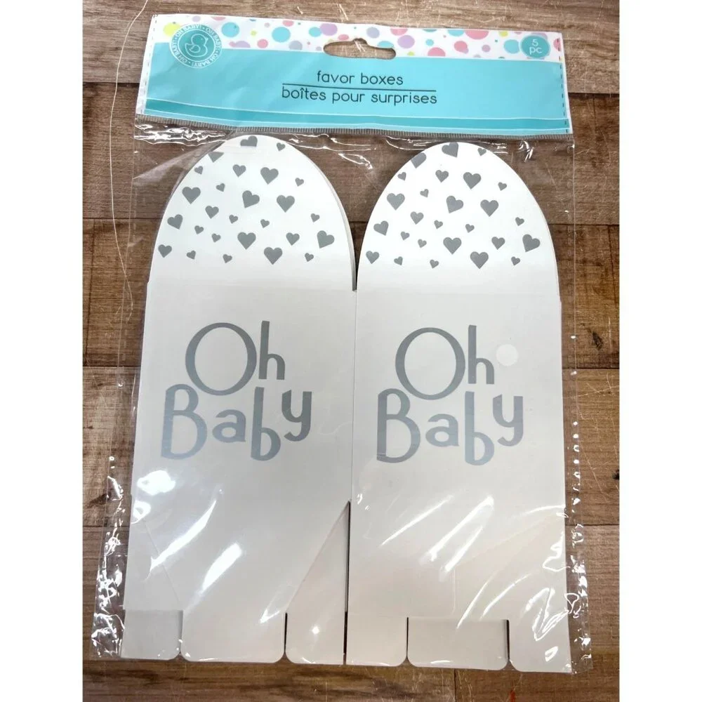 Oh Baby White & Silver Favor Boxes 5 Pc Cardstock For Baby Showers Or Gender Rev